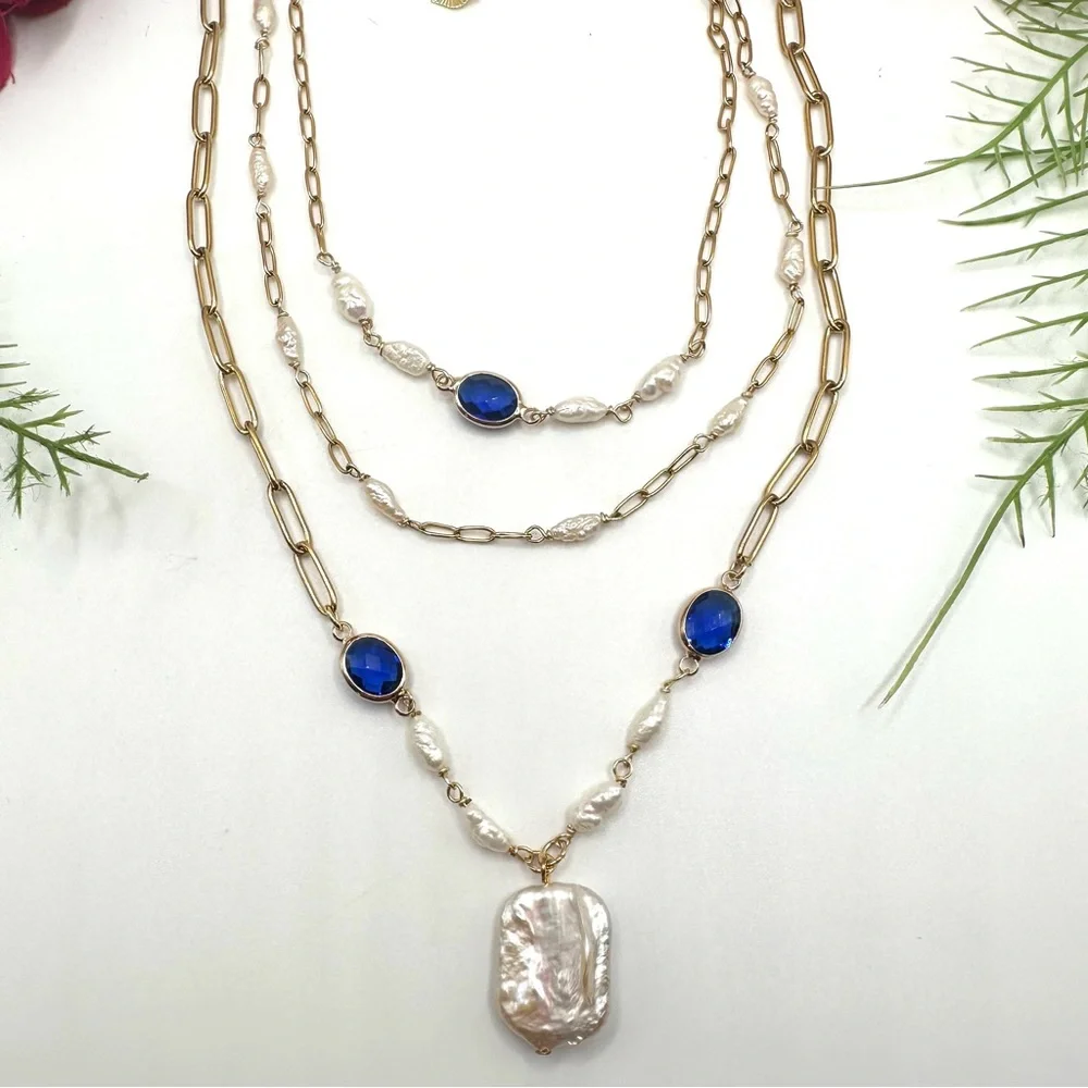 NEW⚜️Freshwater Baroque Pearl & Sapphire Crystal Necklace - Picture 7 of 7